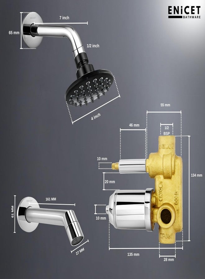 ENICET طقم محول تدفق عالي من النحاس الأصفر من إنيسيت مع صنبور ودش، تشطيب كروم، طقم محول ذو ذراع واحد للحمام، طقم دش للحمام، نظام دش، طقم صنبور خلاط (دش دائري أسود) - Image 4